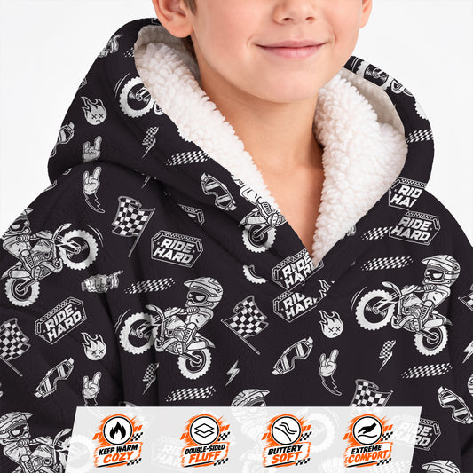 Dirt Bike Ride Hard Black and White Graphic Kids Snug Hoodie-Fleece