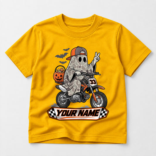 Kids Dirt Bike Camo Ghost Graphic Halloween T-Shirt