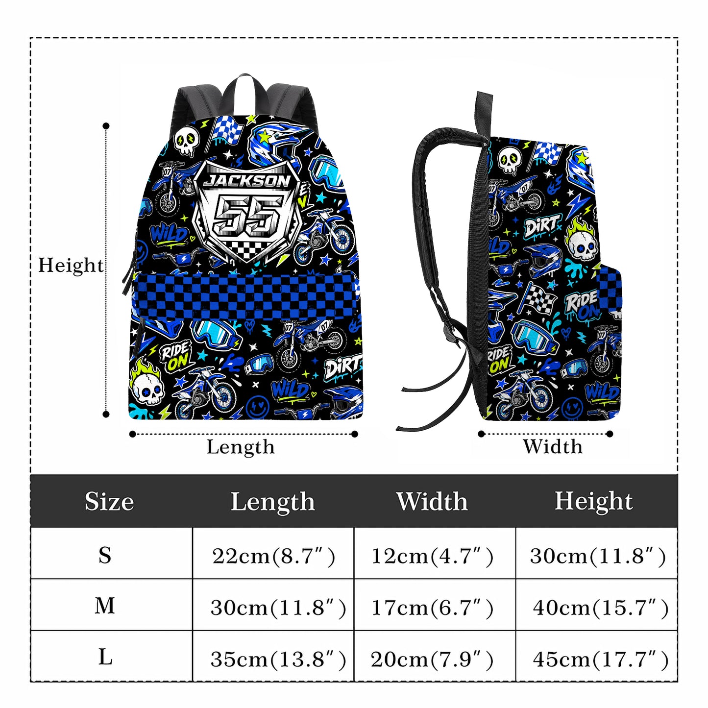 Personalized Team Blue Dirt Bike Backpack – Custom Name & Race Number