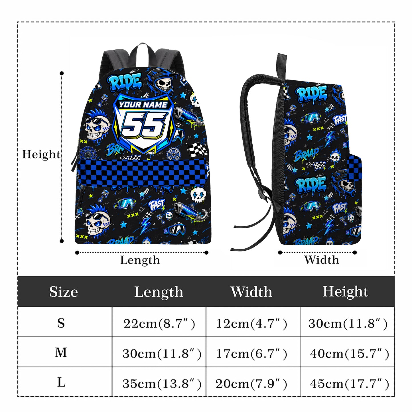 Personalized Team Blue Dirt Bike Backpack – Custom Name & Race Number