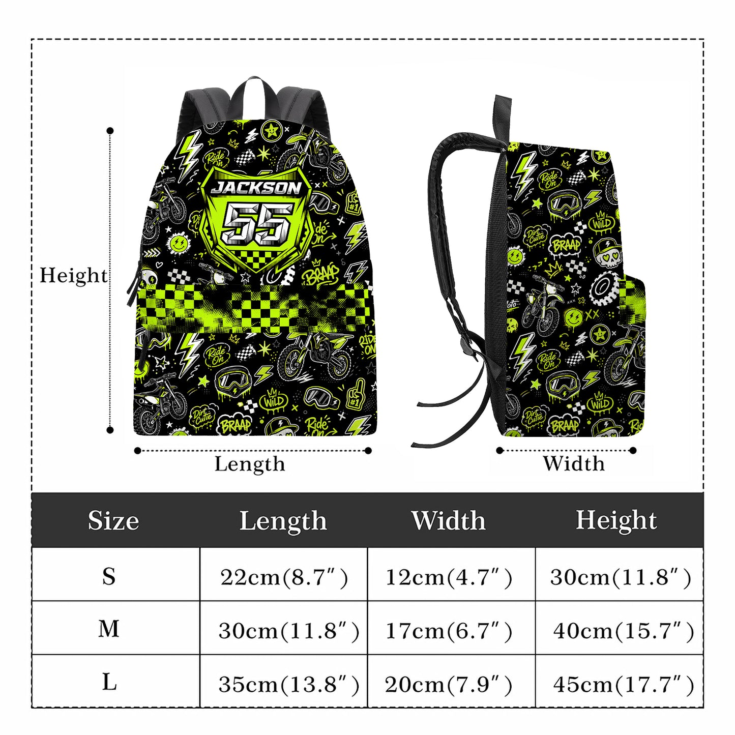 Personalized Team Green Dirt Bike Backpack – Custom Name & Race Number