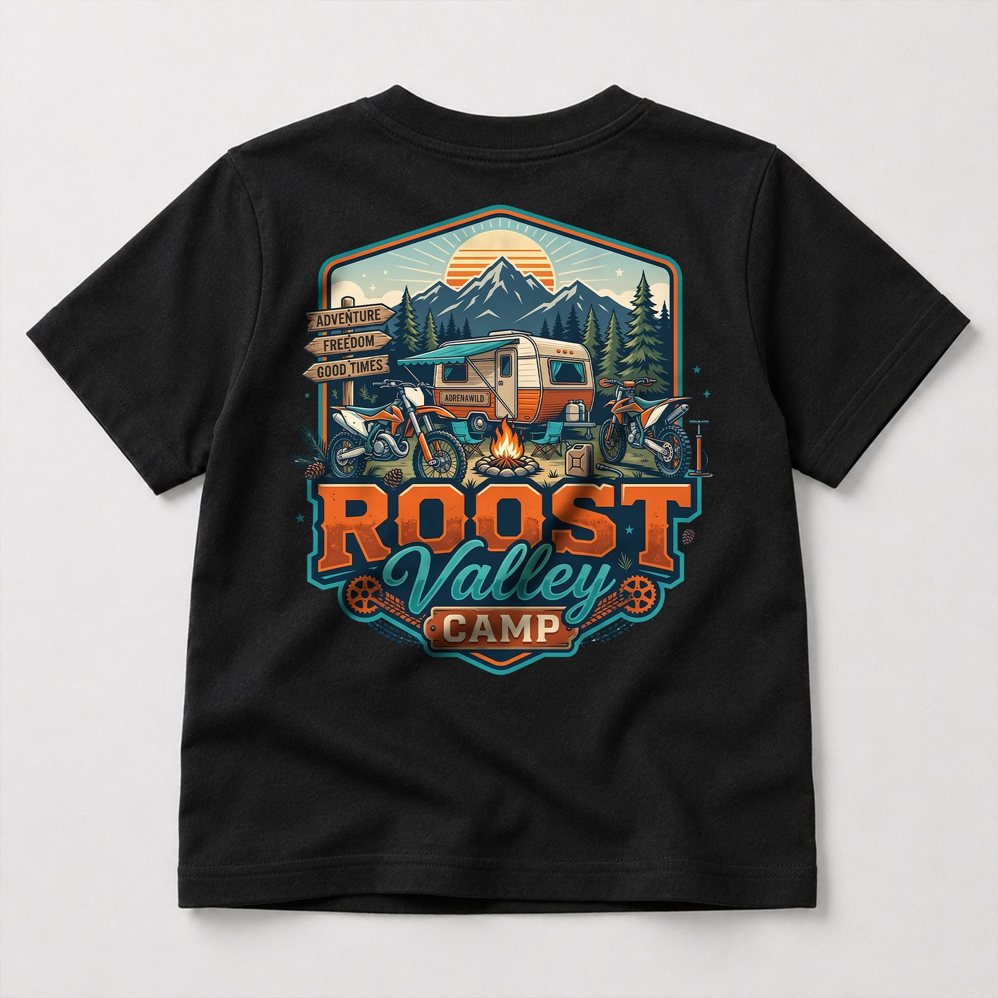 Dirtbike Roost Valley Camp kids dirt bike graphic t-shirt front view