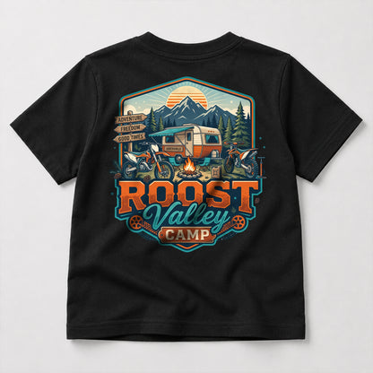 Dirtbike Roost Valley Camp kids dirt bike graphic t-shirt front view
