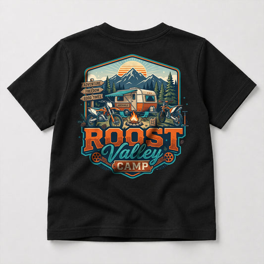 Dirtbike Roost Valley Camp kids dirt bike graphic t-shirt front view