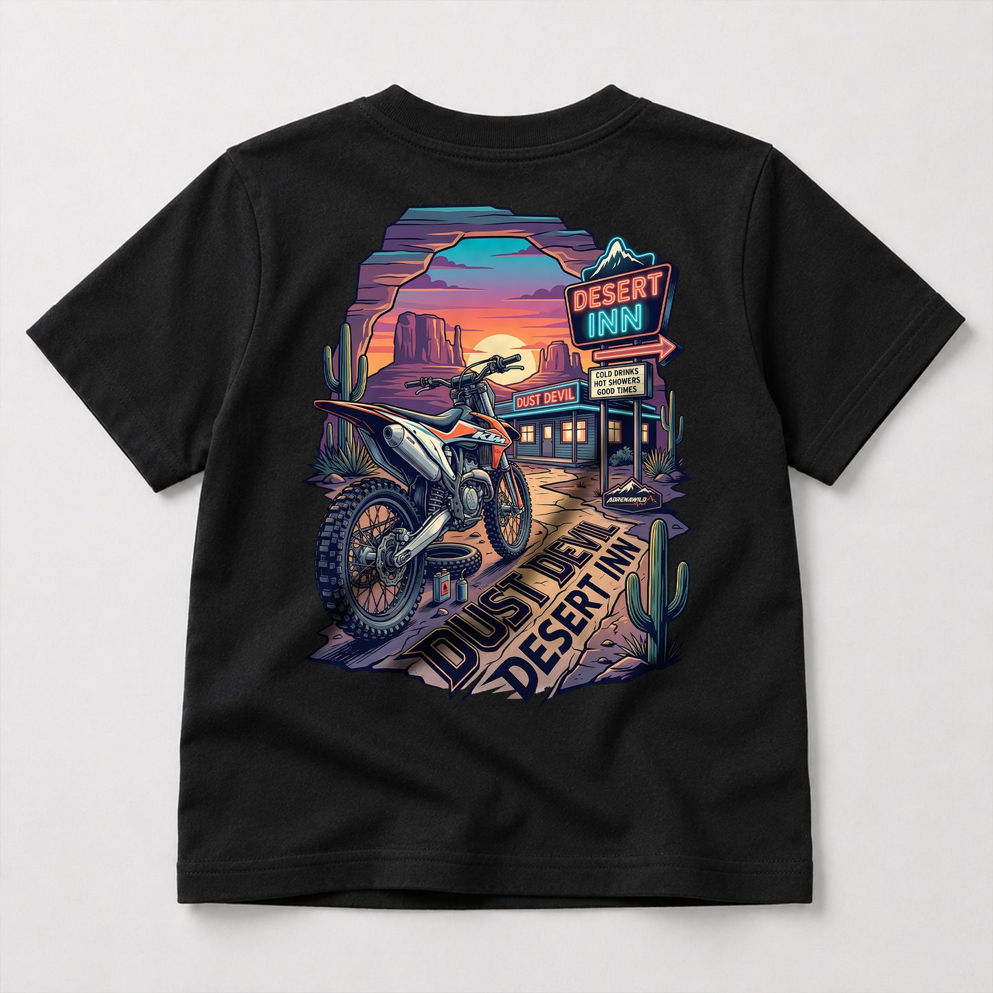 Dust Devil Desert Inn kids dirt bike graphic t-shirt front view