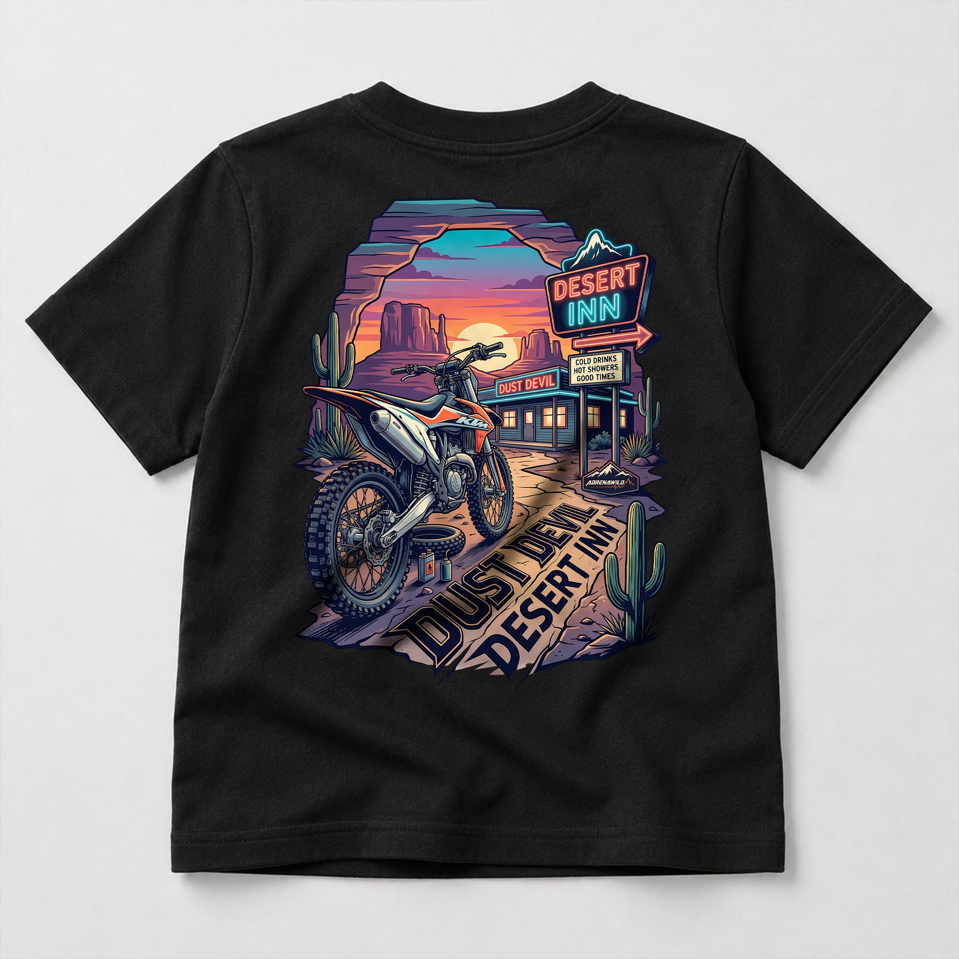 Dust Devil Desert Inn kids dirt bike graphic t-shirt front view