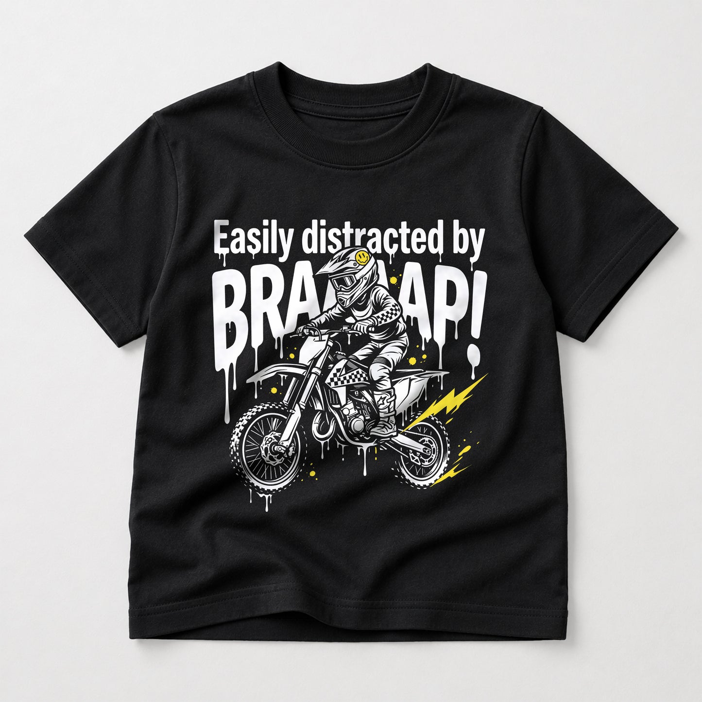 Easily Distracted by Braaaap kids dirt bike graphic t-shirt front view