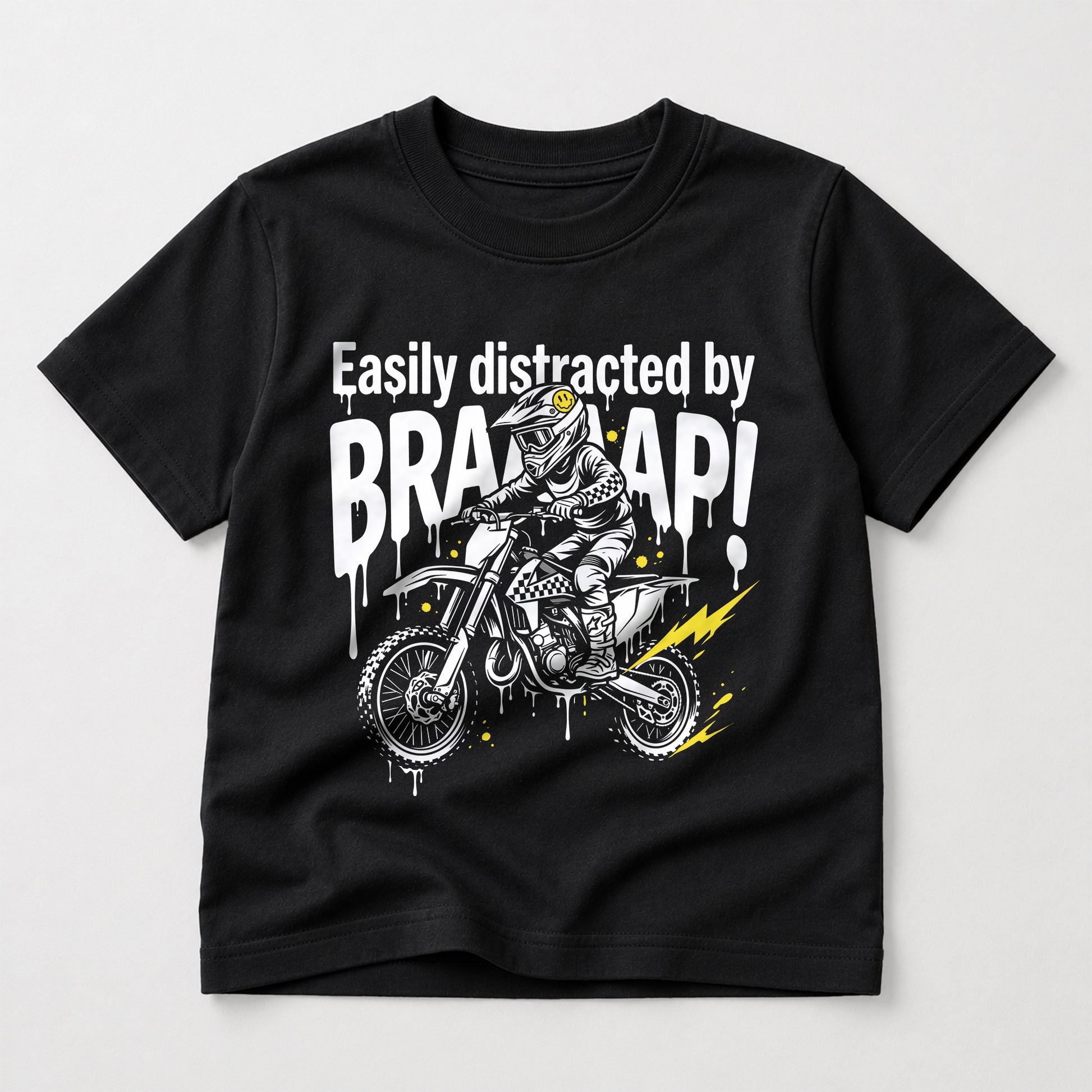 Easily Distracted by Braaaap kids dirt bike graphic t-shirt front view