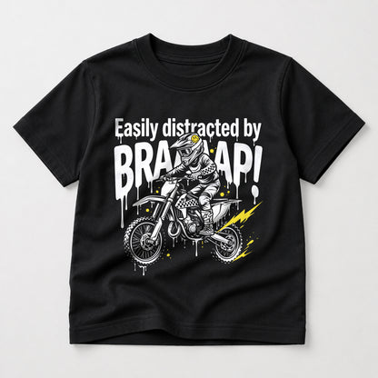 Easily Distracted by Braaaap kids dirt bike graphic t-shirt front view