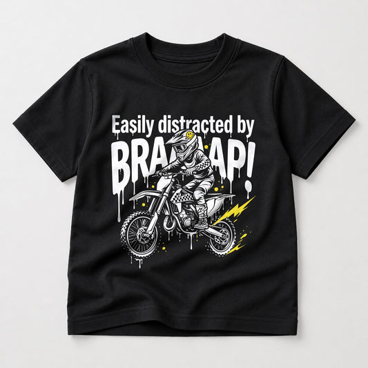 Easily Distracted by Braaaap kids dirt bike graphic t-shirt front view