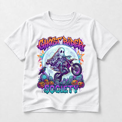Kids Dirt Bike Ghost Rider Society Neon Graphic Halloween T-Shirt