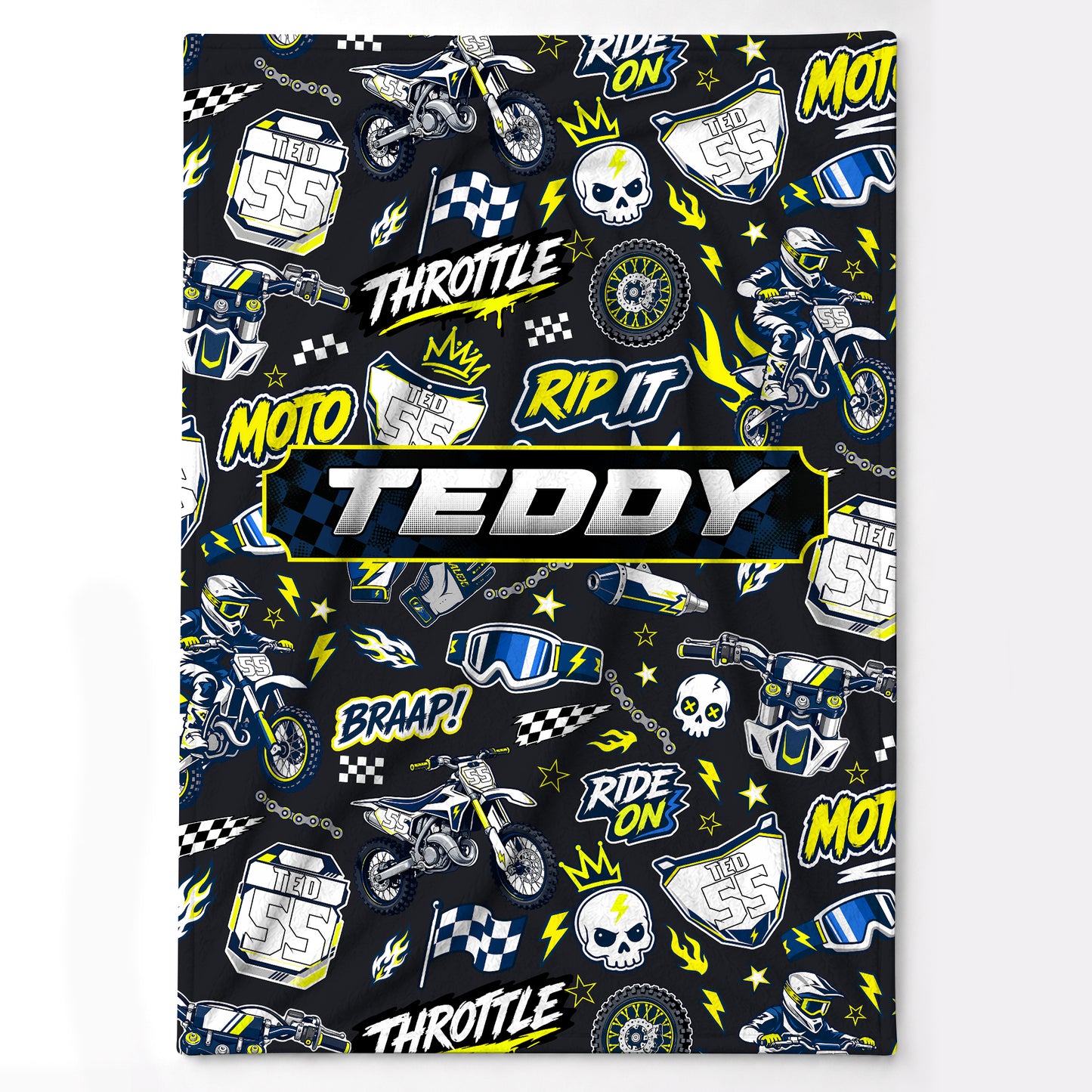 Personalized Graphic Motocross Blanket for Kids, Custom Name & Race Number Dirt Bike Blanket, Motocross Racing Gift for Boys