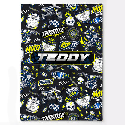 Personalized Graphic Motocross Blanket for Kids, Custom Name & Race Number Dirt Bike Blanket, Motocross Racing Gift for Boys