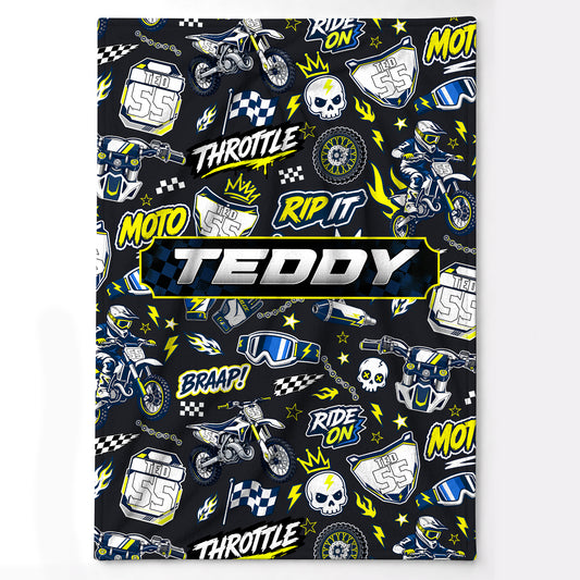 Personalized Graphic Motocross Blanket for Kids, Custom Name & Race Number Dirt Bike Blanket, Motocross Racing Gift for Boys