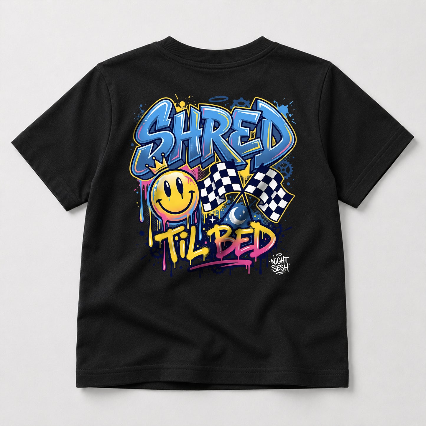 Shred til Bed kids dirt bike graphic t-shirt front view