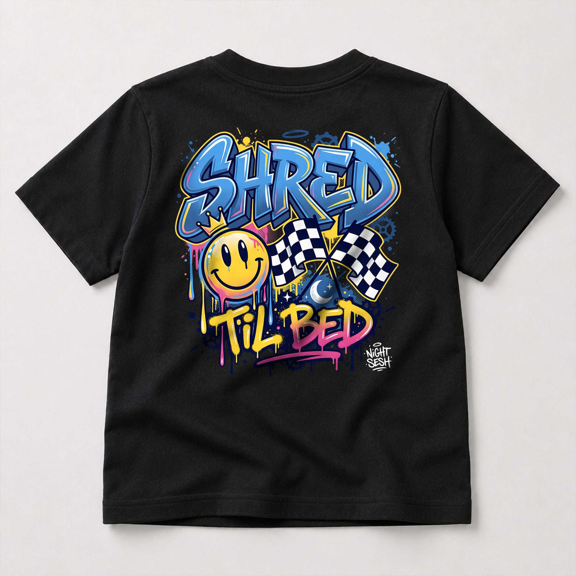 Shred til Bed kids dirt bike graphic t-shirt front view