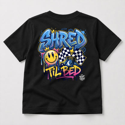 Shred til Bed kids dirt bike graphic t-shirt front view