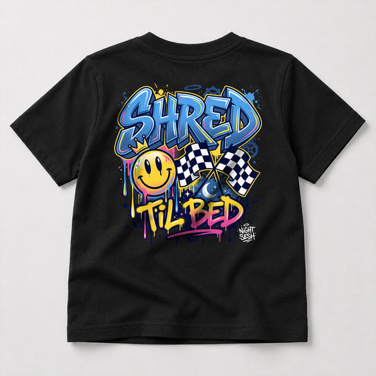 Shred til Bed kids dirt bike graphic t-shirt front view