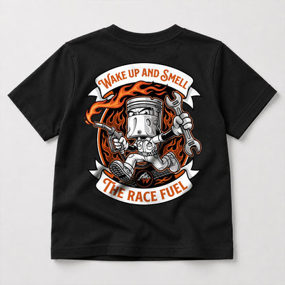 Wake Up, Smell the Race Fuel kids dirt bike graphic t-shirt front view