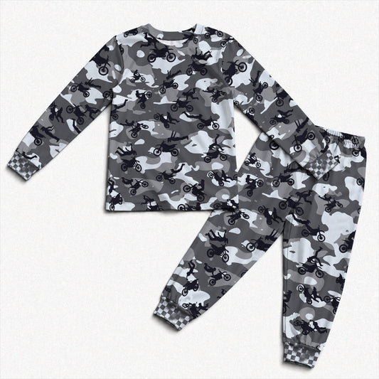 Personalized Camo Dirt Bike Pajamas – Custom Name Kids Motocross Pajama Set