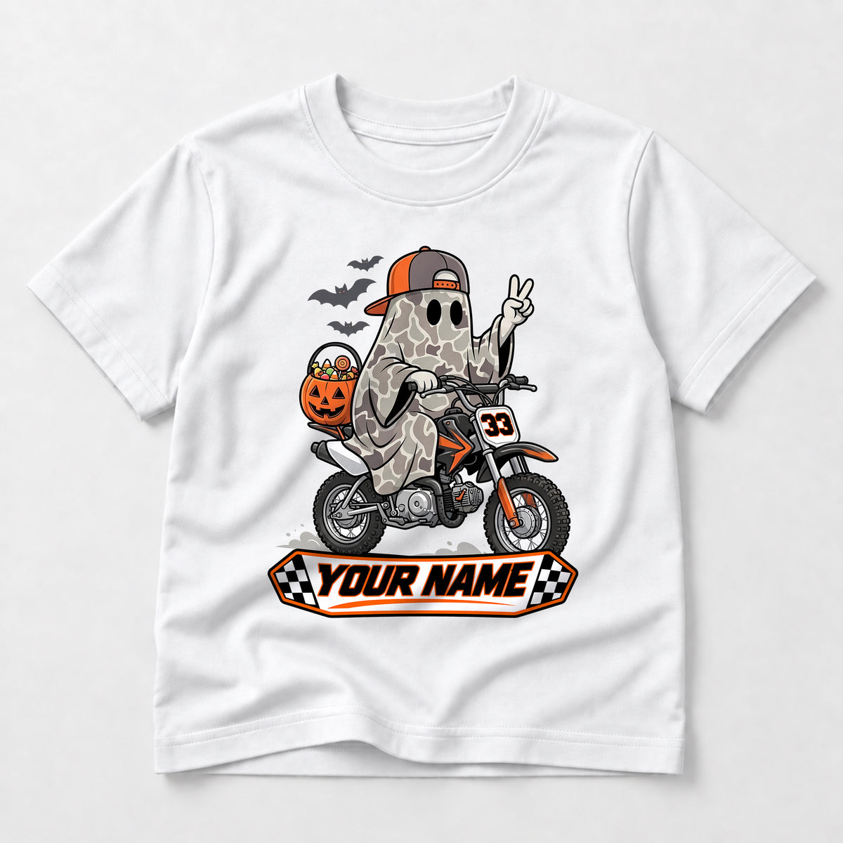 Kids Dirt Bike Camo Ghost Graphic Halloween T-Shirt
