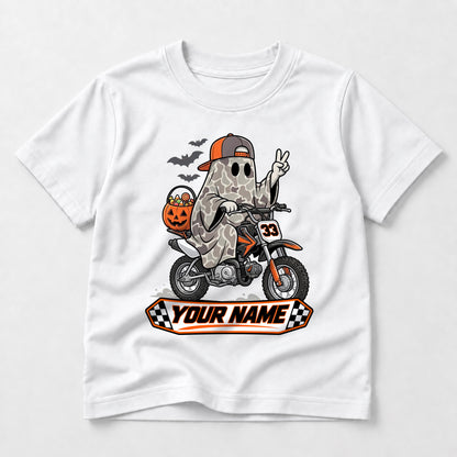 Kids Dirt Bike Camo Ghost Graphic Halloween T-Shirt