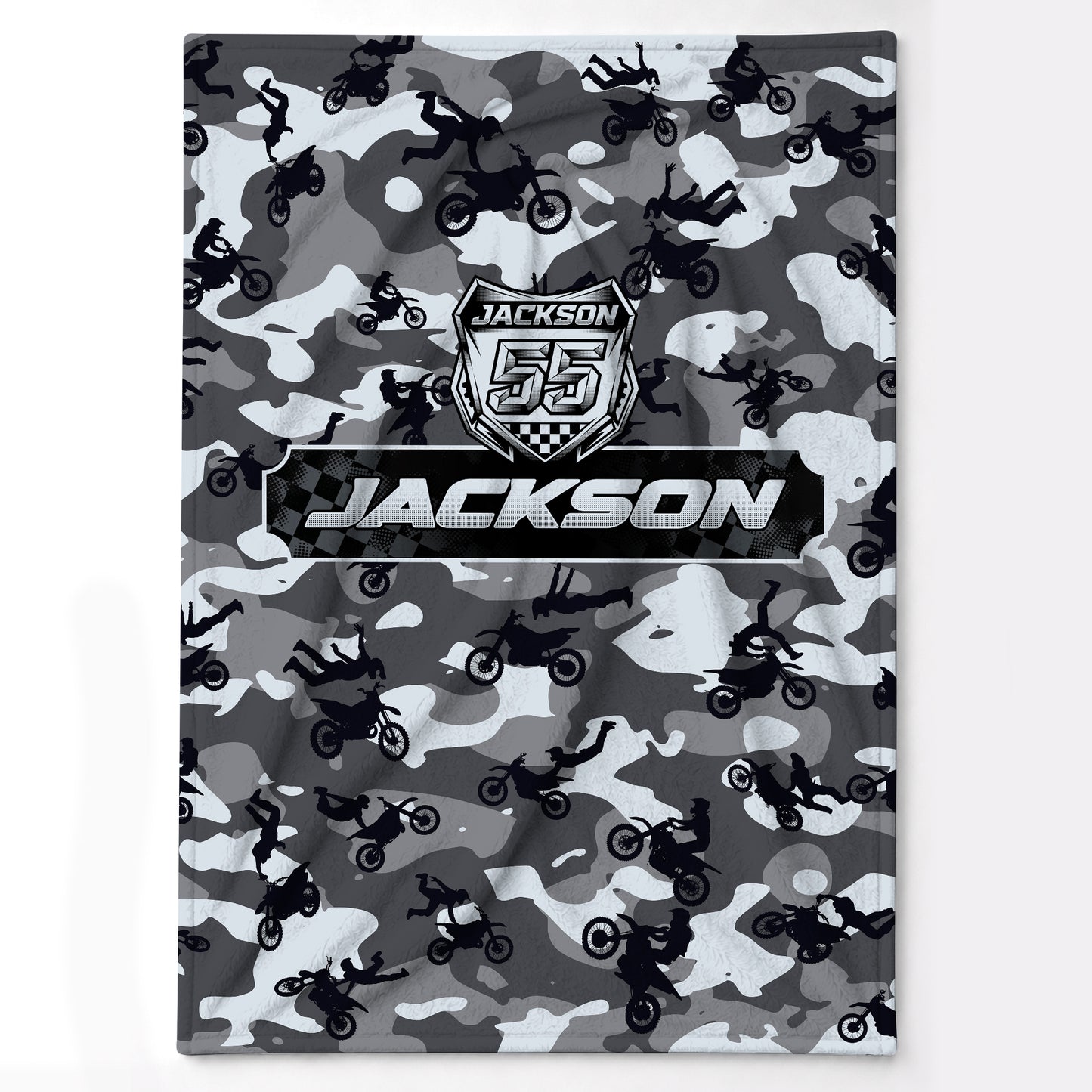 Personalized Camo Graphic Motocross Blanket for Kids, Custom Name & Race Number Dirt Bike Blanket, Motocross Racing Gift for Boys