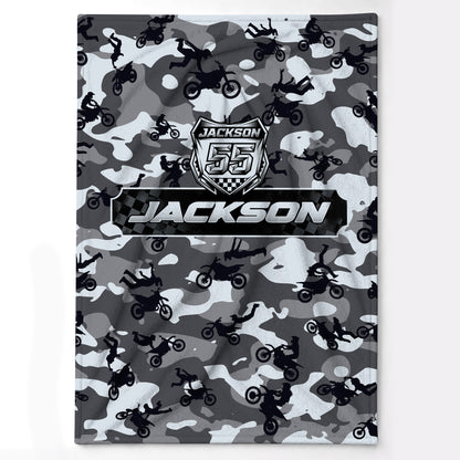 Personalized Camo Graphic Motocross Blanket for Kids, Custom Name & Race Number Dirt Bike Blanket, Motocross Racing Gift for Boys