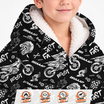 Dirt Bike Black and White Graphic Kids Snug Hoodie-Fleece