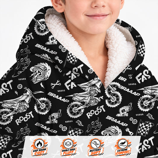 Dirt Bike Black and White Graphic Kids Snug Hoodie-Fleece