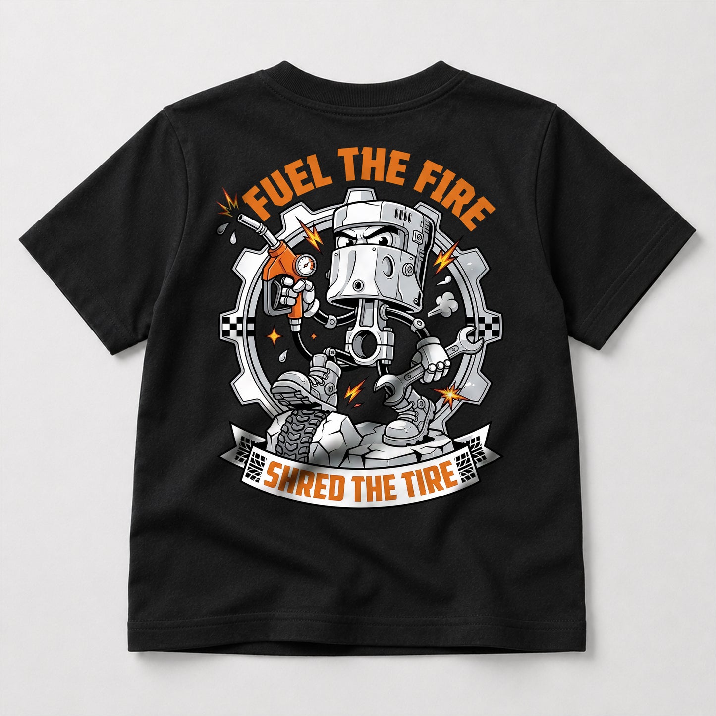 Fuel the Fire, Shred the Tire kids dirt bike graphic t-shirt front view
