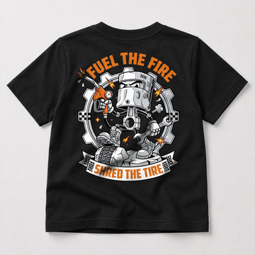 Kids Dirt Bike Graphic Fuel the Fire Shred the Tire T-Shirt