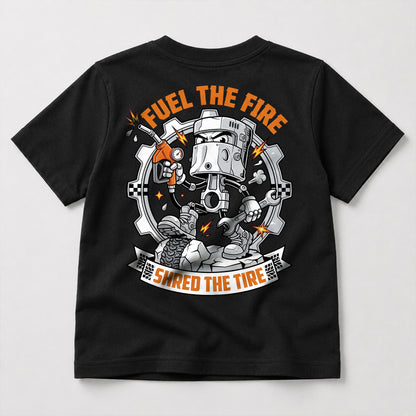 Fuel the Fire, Shred the Tire kids dirt bike graphic t-shirt front view