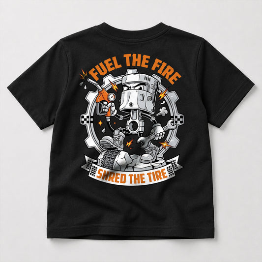 Fuel the Fire, Shred the Tire kids dirt bike graphic t-shirt front view