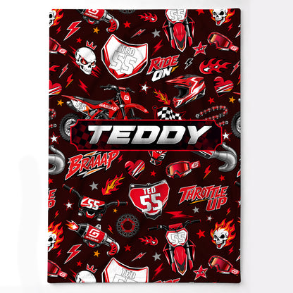 Personalized Graphic Motocross Blanket for Kids, Custom Name & Race Number Dirt Bike Blanket, Motocross Racing Gift for Boys