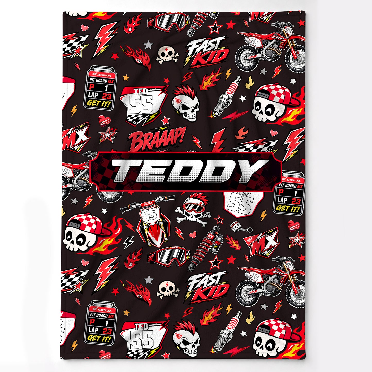 Personalized Graphic Motocross Blanket for Kids, Custom Name & Race Number Dirt Bike Blanket, Motocross Racing Gift for Boys