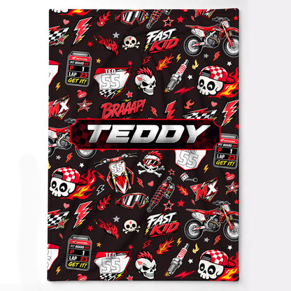 Personalized Graphic Motocross Blanket for Kids, Custom Name & Race Number Dirt Bike Blanket, Motocross Racing Gift for Boys