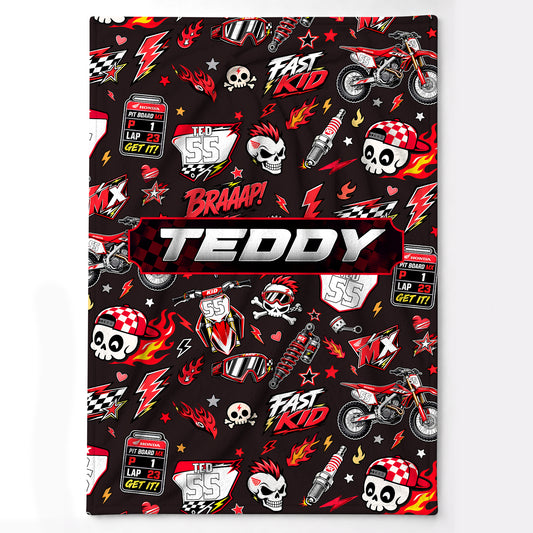 Personalized Graphic Motocross Blanket for Kids, Custom Name & Race Number Dirt Bike Blanket, Motocross Racing Gift for Boys