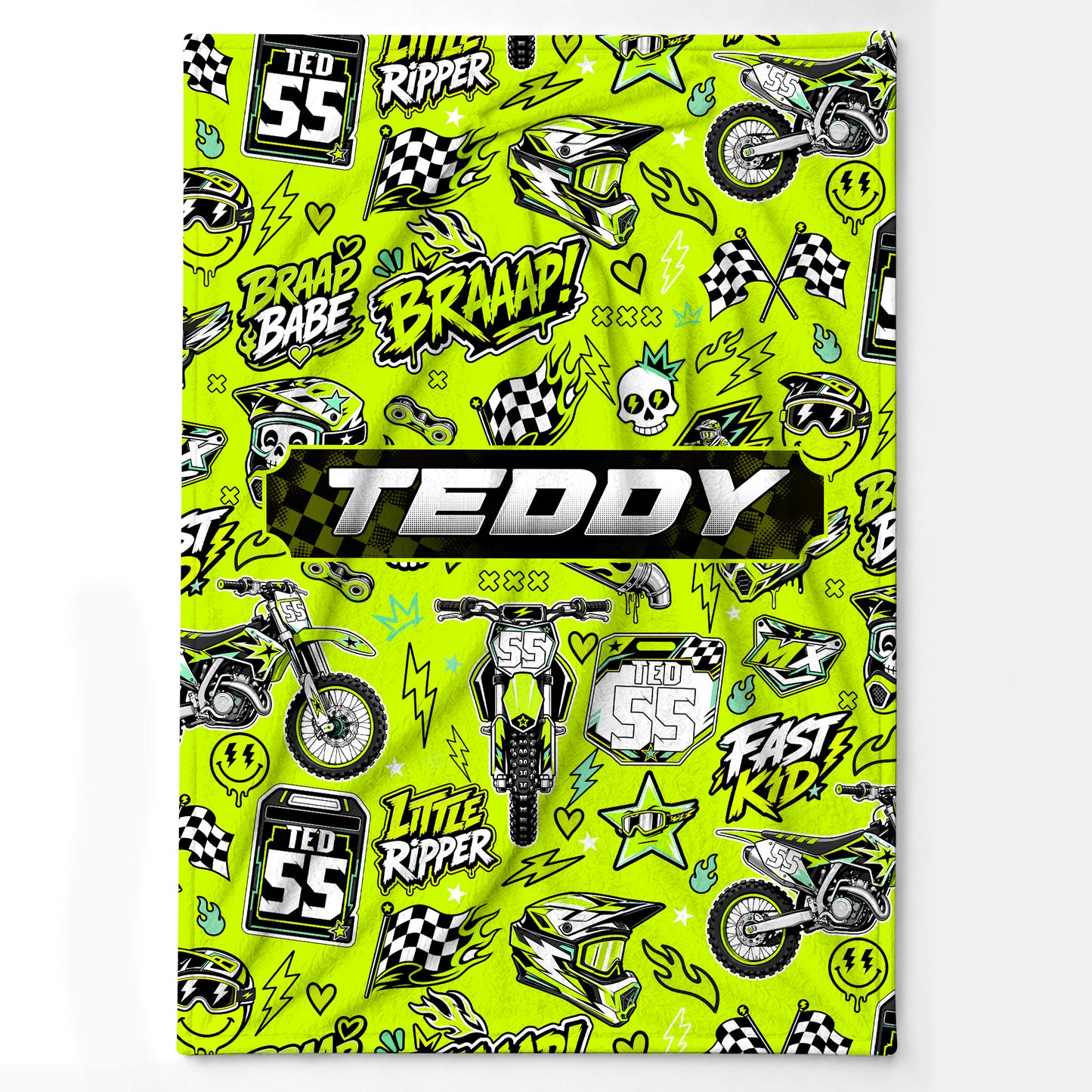 Personalized Graphic Motocross Blanket for Kids, Custom Name & Race Number Dirt Bike Blanket, Motocross Racing Gift for Boys