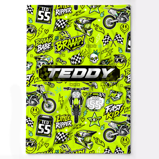 Personalized Graphic Motocross Blanket for Kids, Custom Name & Race Number Dirt Bike Blanket, Motocross Racing Gift for Boys