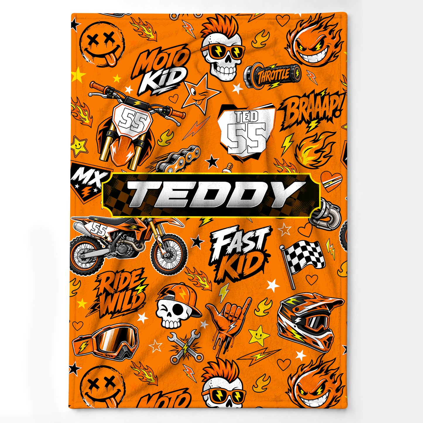 Personalized Graphic Motocross Blanket for Kids, Custom Name & Race Number Dirt Bike Blanket, Motocross Racing Gift for Boys