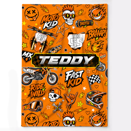 Personalized Graphic Motocross Blanket for Kids, Custom Name & Race Number Dirt Bike Blanket, Motocross Racing Gift for Boys