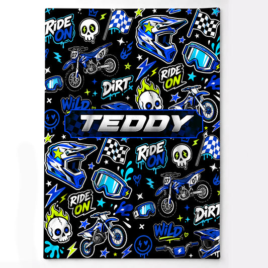 Personalized Graphic Motocross Blanket for Kids, Custom Name & Race Number Dirt Bike Blanket, Motocross Racing Gift for Boys