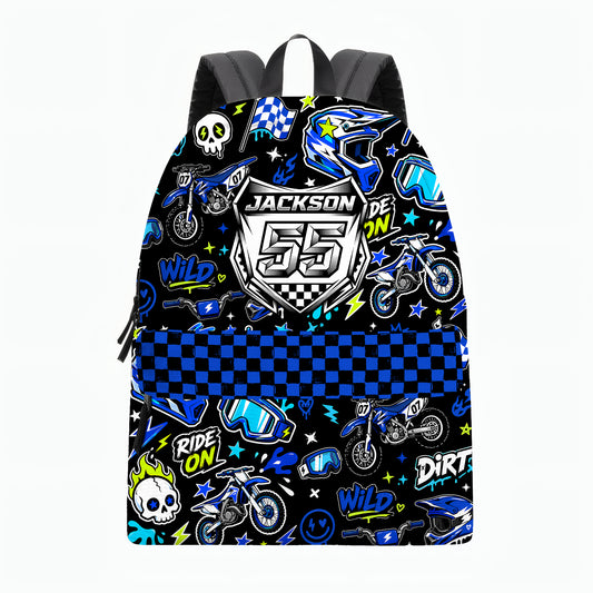 Personalized Team Blue Dirt Bike Backpack – Custom Name & Race Number