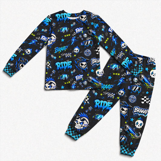 Personalized Team Blue Dirt Bike Pajamas – Custom Name Kids Motocross Pajama Set