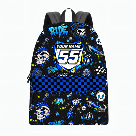 Personalized Team Blue Dirt Bike Backpack – Custom Name & Race Number