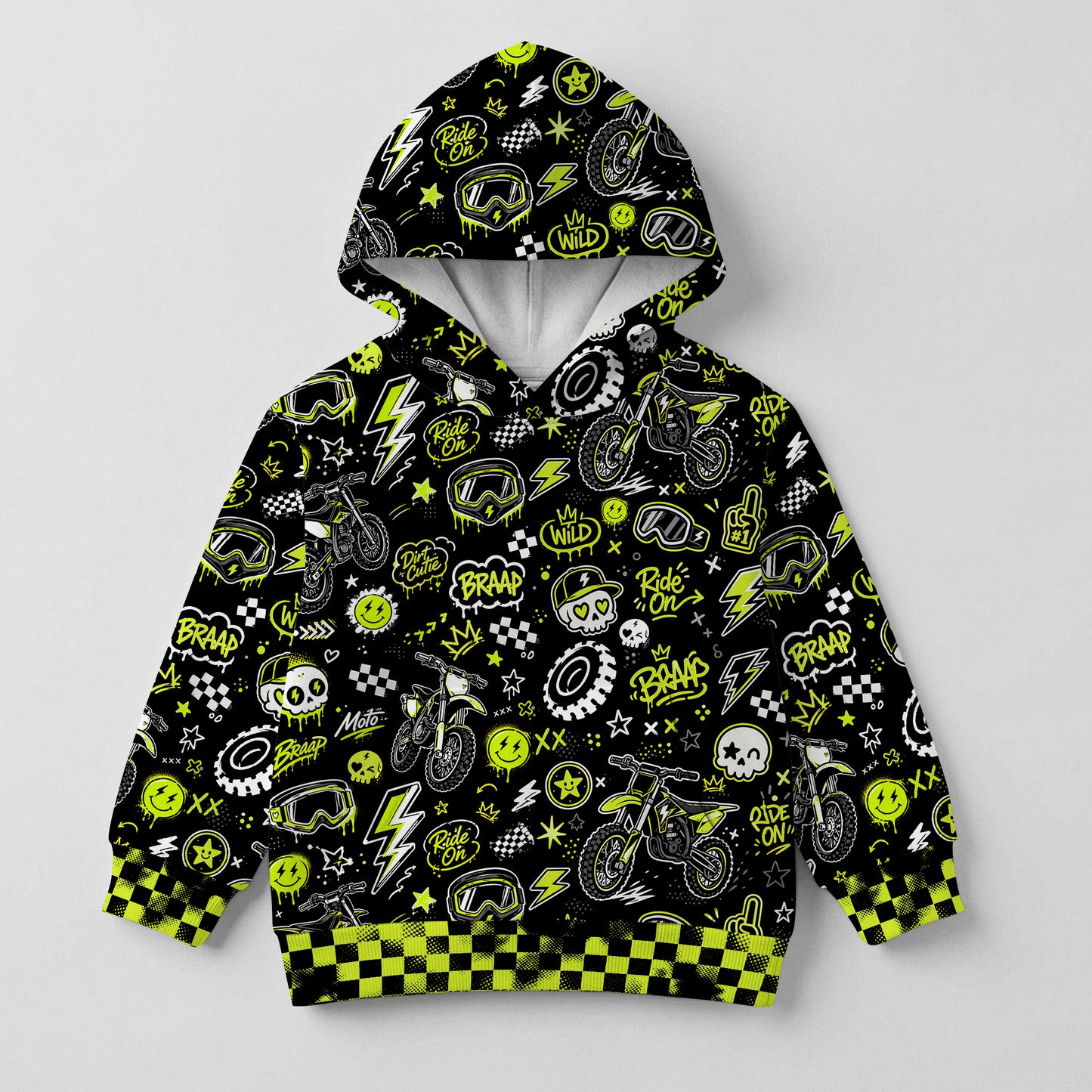Kids Neon Green Dirt Bike Cotton Hoodie Personalized