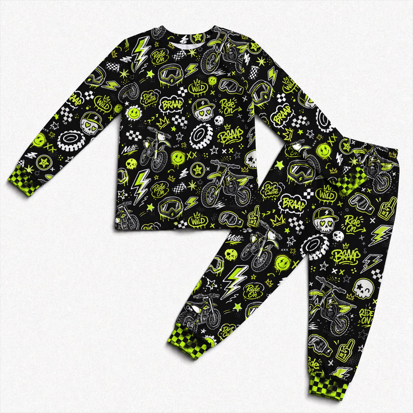 Personalized Team Green Dirt Bike Pajamas – Custom Name Kids Motocross Pajama Set
