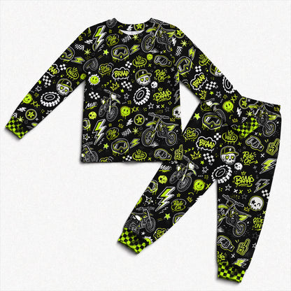 Personalized Team Green Dirt Bike Pajamas – Custom Name Kids Motocross Pajama Set