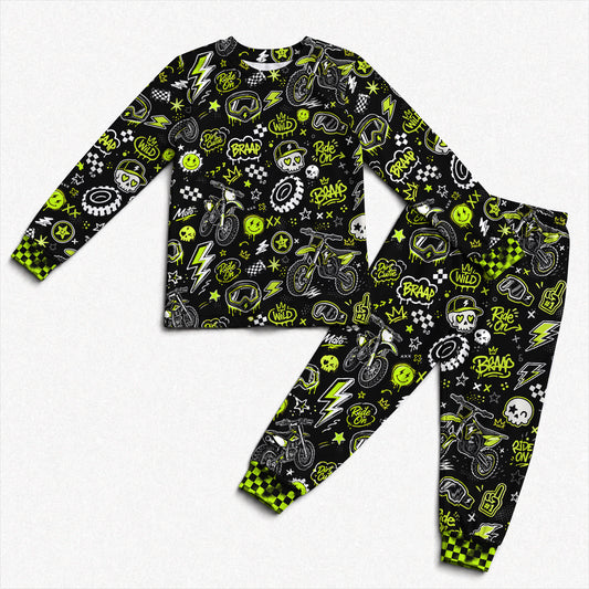 Personalized Team Green Dirt Bike Pajamas – Custom Name Kids Motocross Pajama Set